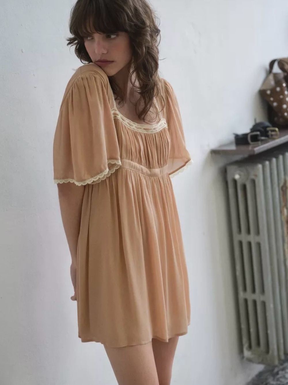 Zara Peach Lace-Trim Short Babydoll Chemise